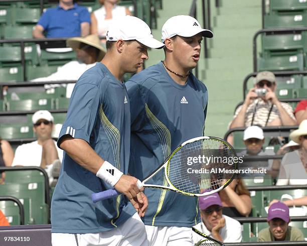 Mike and Bob Bryan during the men's doubles finals March 31 at the 2007 Sony Ericsson Open at Key Biscayne. The Bryan's defeated Martin Damm and...