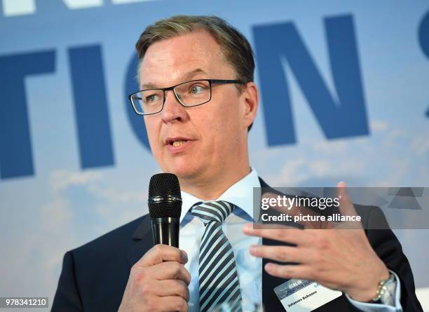 April 2018, Germany, Berlin: Johannes Bussmann, CEO of the Lufthansa Technik AG, speaking at the Berlin Aviation Summit. The summit is taking place...