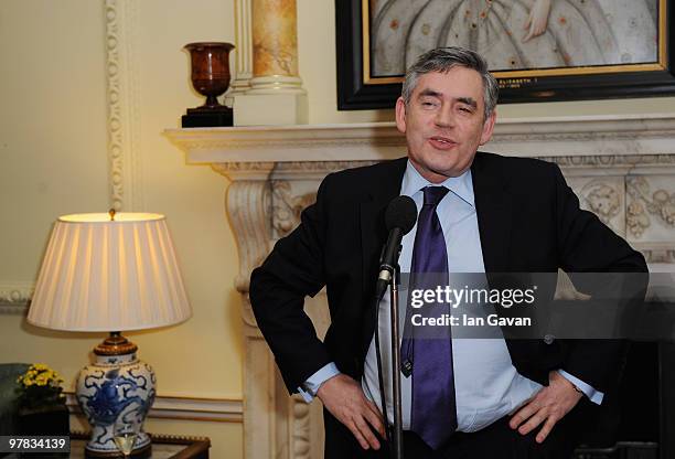 Prime Minister Gordon Brown welcomes his guests to a reception In Aid Of Women's Day at 10 Downing Street on March 18, 2010 in London, England....