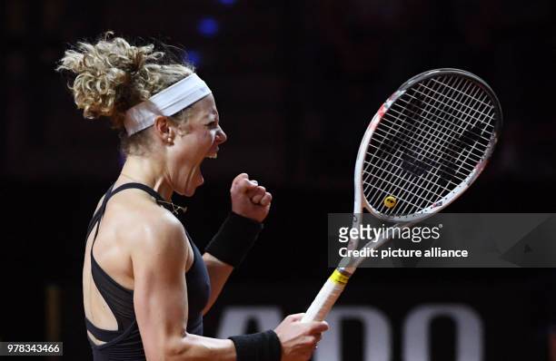 April 2018, Germany, Stuttgart: Tennis: WTA-Tour - Stuttgart, singles, women.Laura Siegemund of Germany celebrates after her victory in the match...