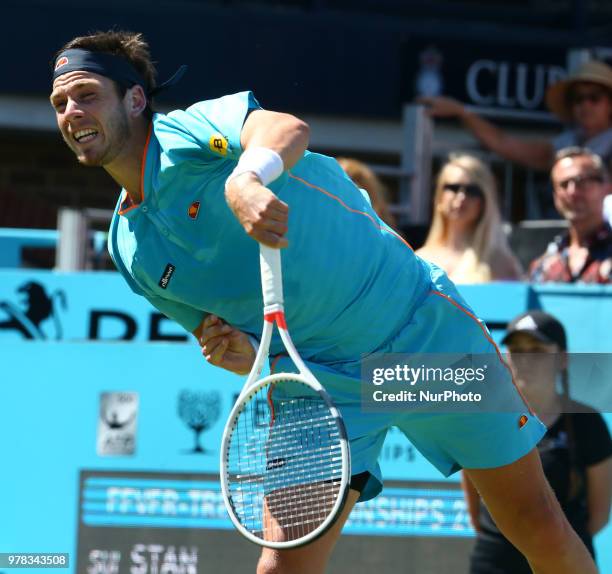 Cameron Norrie in action during Fever-Tree Championships 1st Round match between Cameron Norrie against Stan Wawrinka at The Queen's Club, London, on...