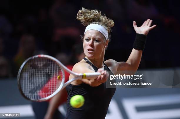 April 2018, Germany, Stuttgart: Tennis: WTA-Tour - Stuttgart, singles, women. Laura Siegemund in action against Strycova of the Czech Republic....