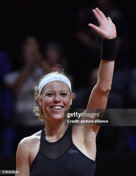 April 2018, Germany, Stuttgart: Tennis: WTA-Tour - Stuttgart, singles, women. Laura Siegemund celebrates after her victory in the match against...