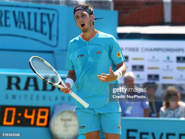 Cameron Norrie in action during Fever-Tree Championships 1st Round match between Cameron Norrie against Stan Wawrinka at The Queen's Club, London, on...