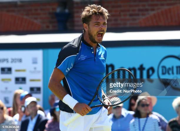 Stan Wawrinka celebrates his win over Cameron Norrie during Fever-Tree Championships 1st Round match between Cameron Norrie against Stan Wawrinka at...