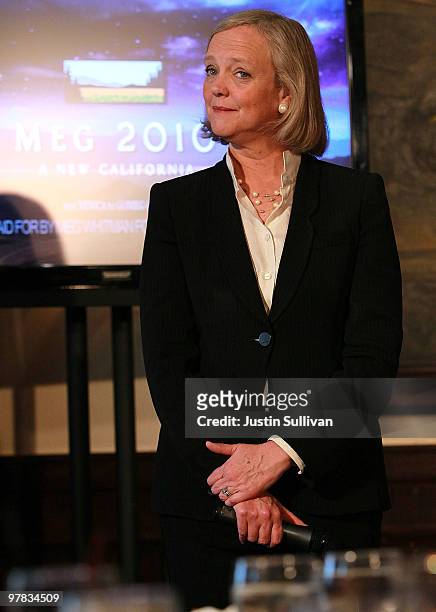California Republican gubernatorial candidate and former eBay CEO Meg Whitman looks on as she speaks to the Greater San Jose Hispanic Chamber of...