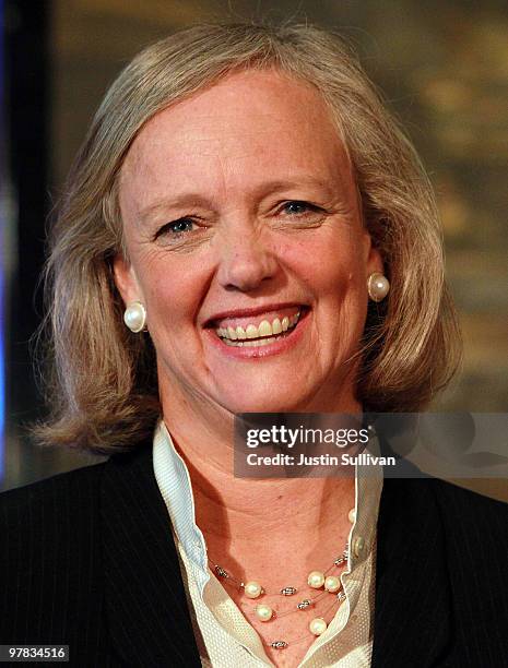 California Republican gubernatorial candidate and former eBay CEO Meg Whitman smiles as she speaks to the Greater San Jose Hispanic Chamber of...