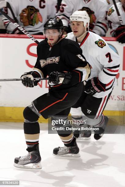 Brent Seabrook of the Chicago Blackhawks defends against Bobby Ryan of the Anaheim Ducks during the game on March 17, 2010 at Honda Center in...