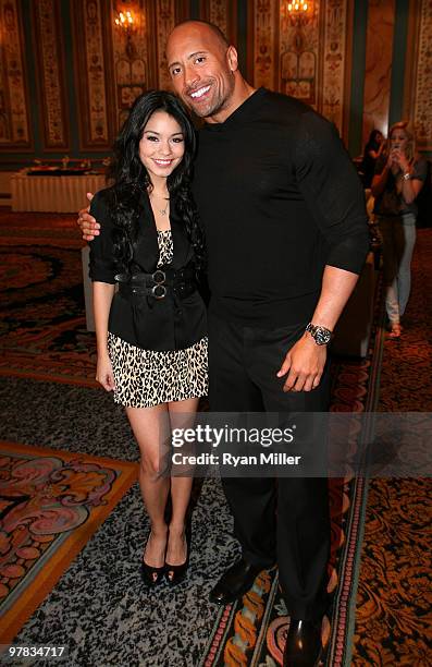 Actress Vanessa Hudgens and actor Dwayne 'The Rock' Johnson pose at the CBS Films luncheon held at Paris Las Vegas during ShoWest 2010 on March 18,...