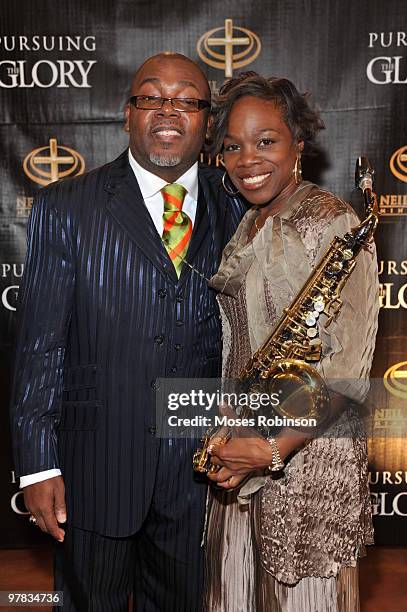 Bishop Neil C. Ellis and recording artist Angella Christie attend the "Pursuing The Glory" book launch at Tyler Perry Studio on March 18, 2010 in...