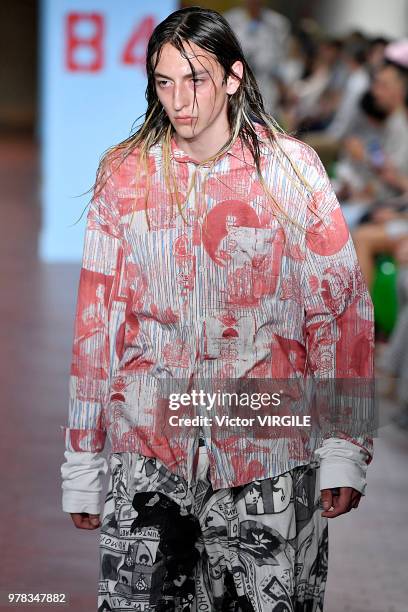 Model walks the runway at the Marni fashion show during Milan Men's Fashion Week Spring/Summer 2019 on June 16, 2018 in Milan, Italy.