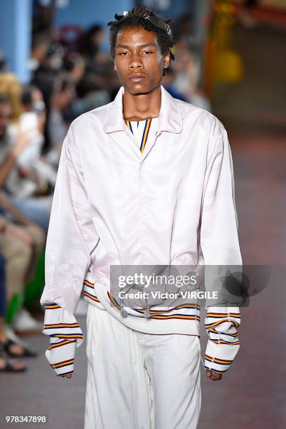 Model walks the runway at the Marni fashion show during Milan Men's Fashion Week Spring/Summer 2019 on June 16, 2018 in Milan, Italy.