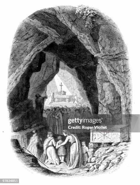 Meeting of the early Christians in the catacombs of Rome. Engraving by Lucas Sauvageot .