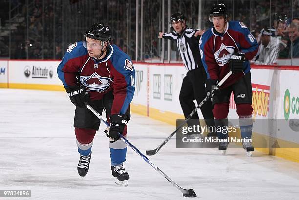 John-Michael Liles of the Colorado Avalanche skates against the Calgary Flames at the Pepsi Center on March 17, 2010 in Denver, Colorado. The Flames...