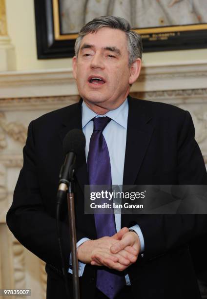 Prime Minister Gordon Brown welcomes his guests to a reception In Aid Of Women's Day at 10 Downing Street on March 18, 2010 in London, England....