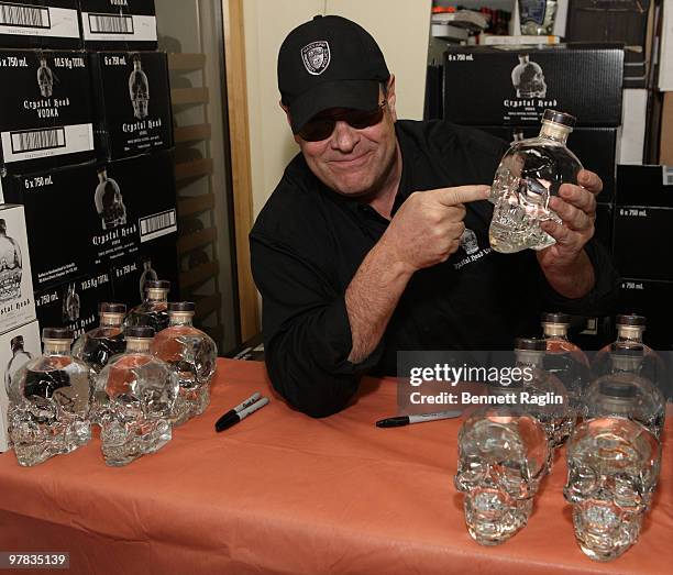 Actor Dan Aykroyd promotes Crystal Head Vodka at the Park Avenue Liquor Shop on March 18, 2010 in New York City.