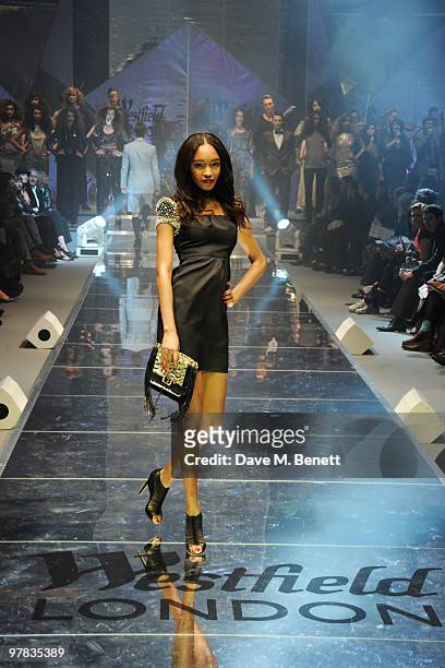 Jourdan Dunn on the catwalk at the Greatest Fashion Show On Earth at Westfield on March 18, 2010 in London, England.
