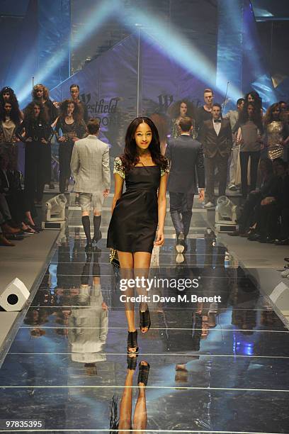 Jourdan Dunn on the catwalk at the Greatest Fashion Show On Earth at Westfield on March 18, 2010 in London, England.