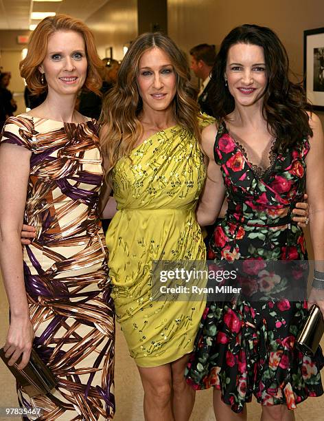 Actresses Cynthia Nixon, Sarah Jessica Parker and Kristin Davis backstage at Warner Bros. Pictures' "Big Picture 2010" during ShoWest 2010 held at...