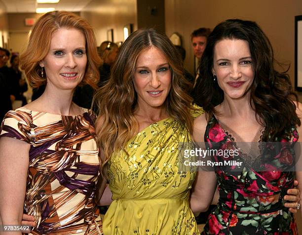Actresses Cynthia Nixon, Sarah Jessica Parker and Kristin Davis backstage at Warner Bros. Pictures' "Big Picture 2010" during ShoWest 2010 held at...