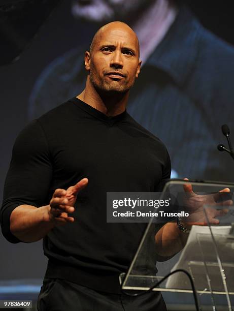 Dwayne Johnson from the film "Faster" gives a speech at the CBS Films ShoWest Luncheon at Paris Las Vegas on March 18, 2010 in Las Vegas, Nevada.