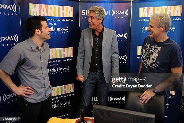 Chef George Mendes, hosts Anthony Bourdain and Eric Ripert visit Martha Stewart Living Radio show "Turn & Burn" at the SIRIUS XM Radio studios on...