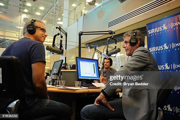 Eric Ripert and Anthony Bourdain host Martha Stewart Living Radio show "Turn & Burn" at the SIRIUS XM Radio studios on March 18, 2010 in New York...
