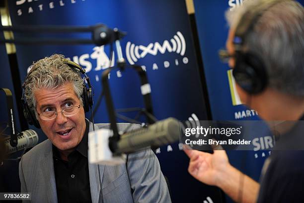 Eric Ripert and Anthony Bourdain host Martha Stewart Living Radio show "Turn & Burn" at the SIRIUS XM Radio studios on March 18, 2010 in New York...