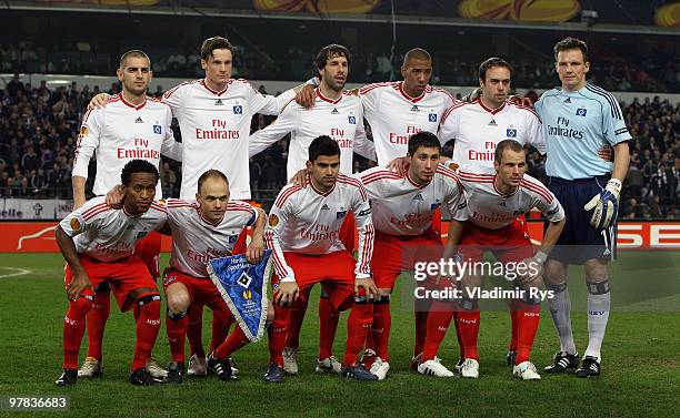 Team Hamburg is pictured ahead the UEFA Europa League round of 16 second leg match between RSC Anderlecht and Hamburger SV at Constant Vanden Stock...