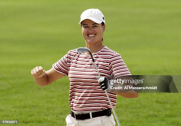 Sophie Gustafson celebrates a sand-trap shot turned eagle on the first hole in the final round of the Samsung World Championship in Houston, Texas...