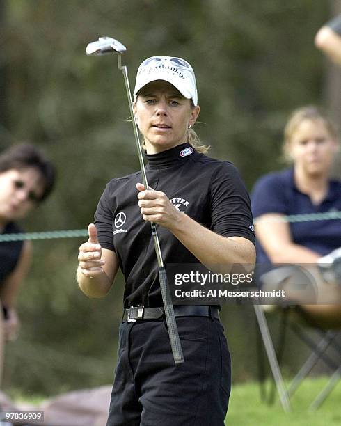 Annika Sorenstam misses a birdie putt on the 15th hole Sunday, October 12, 2003 at the Samsung World Championship in Houston, Texas.