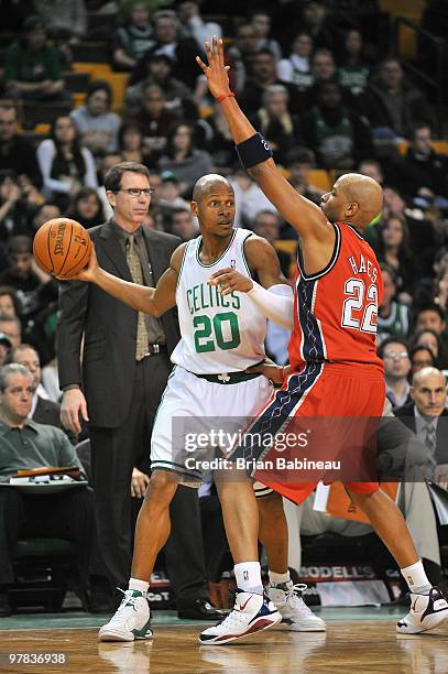 Ray Allen of the Boston Celtics looks to move the ball against Jarvis Hayes of the New Jersey Nets during the game on February 5, 2010 at the TD...