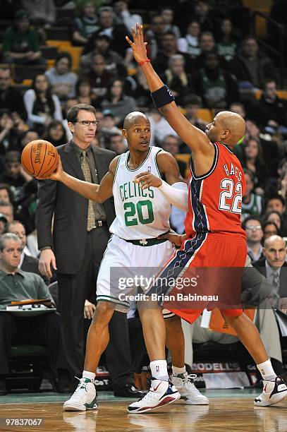 Ray Allen of the Boston Celtics looks to move the ball against Jarvis Hayes of the New Jersey Nets during the game on February 5, 2010 at the TD...
