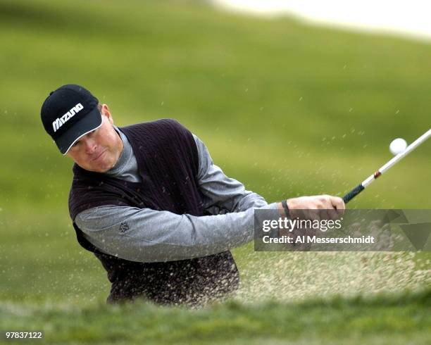 Bob Tway blasts from the sand at Torrey Pines Golf Course, site of the Buick Invitational, during third-round play February 14, 2004.