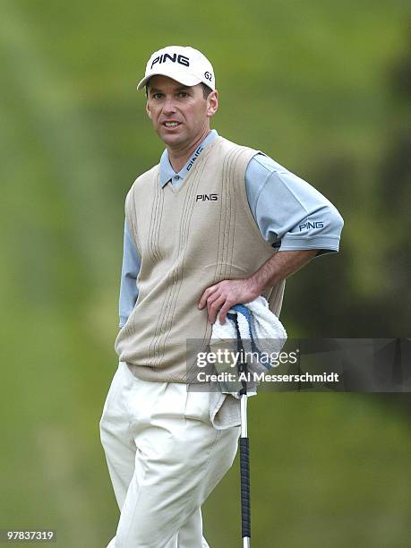 Kevin Sutherland sets to putt at Torrey Pines Golf Course, site of the Buick Invitational, during third-round play February 14, 2004.