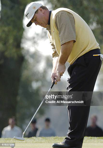 Hal Sutton putts on the 17th green at Torrey Pines Golf Course, site of the Buick Invitational, during third-round play February 14, 2004.