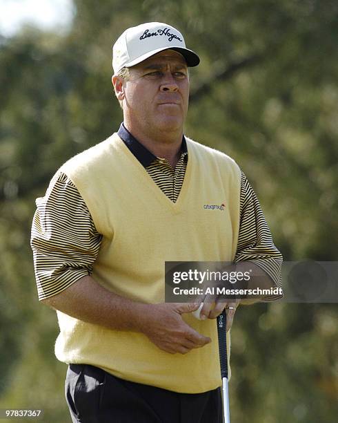 Hal Sutton sets to putt at Torrey Pines Golf Course, site of the Buick Invitational, during third-round play February 14, 2004.