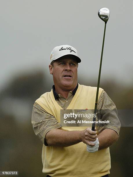 Hal Sutton tees off at Torrey Pines Golf Course, site of the Buick Invitational, during third-round play February 14, 2004.