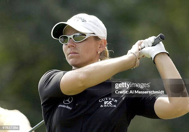 Annika Sorenstam follows her tee shot on the 13th hole Sunday, October 12, 2003 at the Samsung World Championship in Houston, Texas.