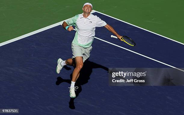 Ivan Ljubicic of Croatia celebrates following his victory over Juan Monaco of Spain during the BNP Paribas Open at the Indian Wells Tennis Garden on...