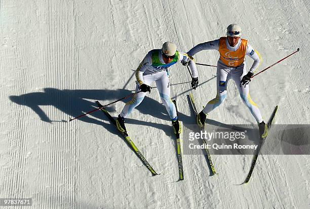Zebastian Modin and guide Albin Ackerot of Sweden compete in the Men's 10km Visually Impaired Cross-Country Skiing during Day 7 of the 2010 Vancouver...