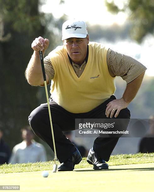 Hal Sutton lines up a putt at Torrey Pines Golf Course, site of the Buick Invitational, third round, February 14, 2004.