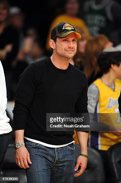 Actor Christian Slater attends a game between the Boston Celtics and the Los Angeles Lakers at Staples Center on February 18, 2010 in Los Angeles,...