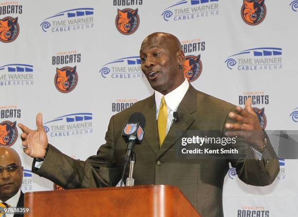 Michael Jordan talks to the media about his becoming the majority owner of the Charlotte Bobcats at the Time Warner Cable Arena March 18, 2010 in...