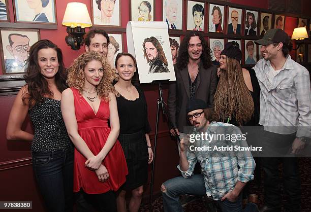 Actor Constantine Maroulis and the cast of the broadway musical 'Rock of Ages' attend Constantine Maroulis' caricature unveiling at Sardi's on March...