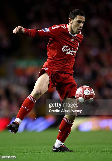 Maxi Rodriguez of Liverpool in action during the Barclays Premier League match between Liverpool and Portsmouth at Anfield on March 15, 2010 in...