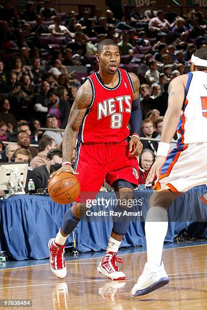 Terrence Williams of the New Jersey Nets handles the ball against the New York Knicks during the game on March 6, 2010 at Madison Square Garden in...