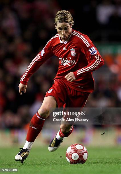 Fernando Torres of Liverpool in action during the Barclays Premier League match between Liverpool and Portsmouth at Anfield on March 15, 2010 in...