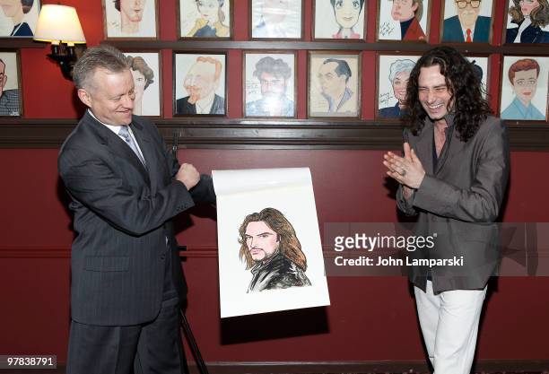 Max Klimavicius and Constantine Maroulis attend Constantine Maroulis' caricature unveiling at Sardi's on March 18, 2010 in New York City.