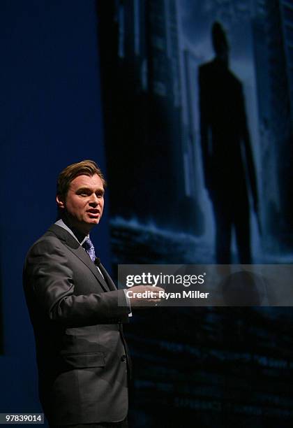 Director Christopher Nolan introduces the film "Inception" at Warner Bros. Pictures' "Big Picture 2010" during ShoWest 2010 held at Paris Las Vegas...